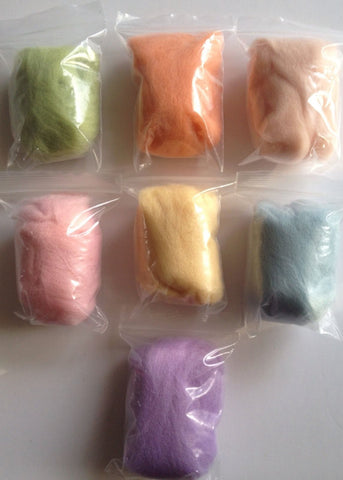 New 7 pcs 5g each Fine Merino Top Roving Dyed Wool Spinning Fiber Felt pastel pink yellow green orange purple blue