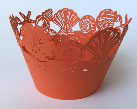 12 pcs MINI (Small) Orange Coral Seashells Cupcake Wrappers