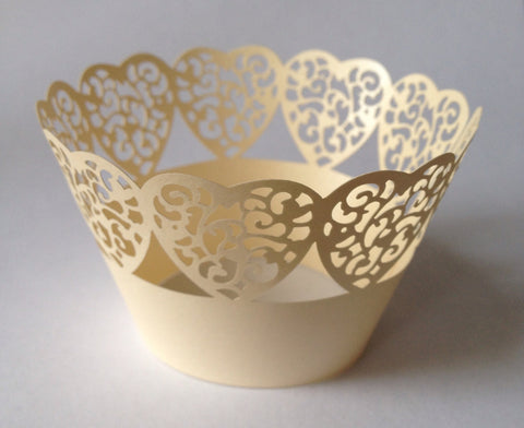 12 pcs Ivory Heart Lace Cupcake Wrappers