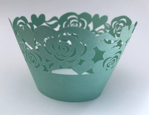 12 pcs Turquoise Green Garden of Roses Cupcake Wrappers