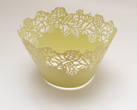 12 pcs Light Yellow - Green Large Fleurs Lace Cupcake Wrappers