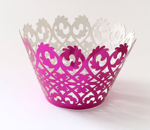 12 pcs Metallic Shiny Fuchsia Pink Damask Cupcake Wrappers