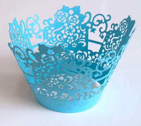 12 pcs Turquoise Blue Rose Lace Box Cupcake Wrappers