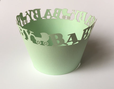 12 pcs Green Mint Baby Carriage Cupcake Wrappers
