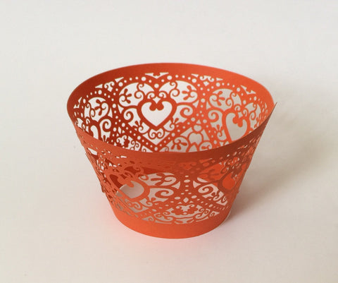 12 pcs Orange Coral Heart Lace Cupcake Wrappers